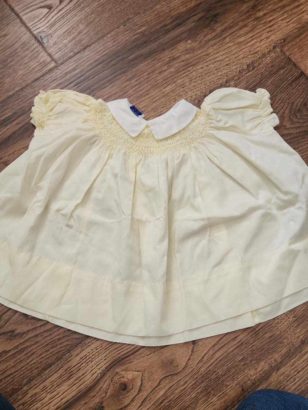 Baby Pale Yellow Vintage Smocked Puff-Sleeve Top with White Peter Pan Collar